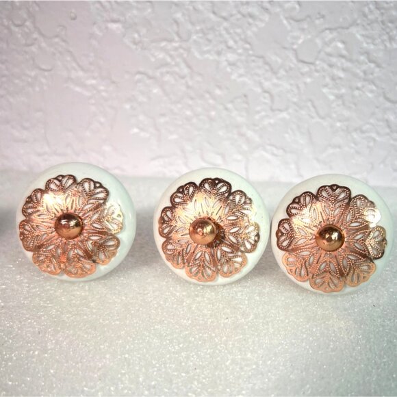Decorative Ceramic & Metal Drawer Knobs Cabinet Pulls Set Of 6 White & Rose Gold - Picture 5 of 9